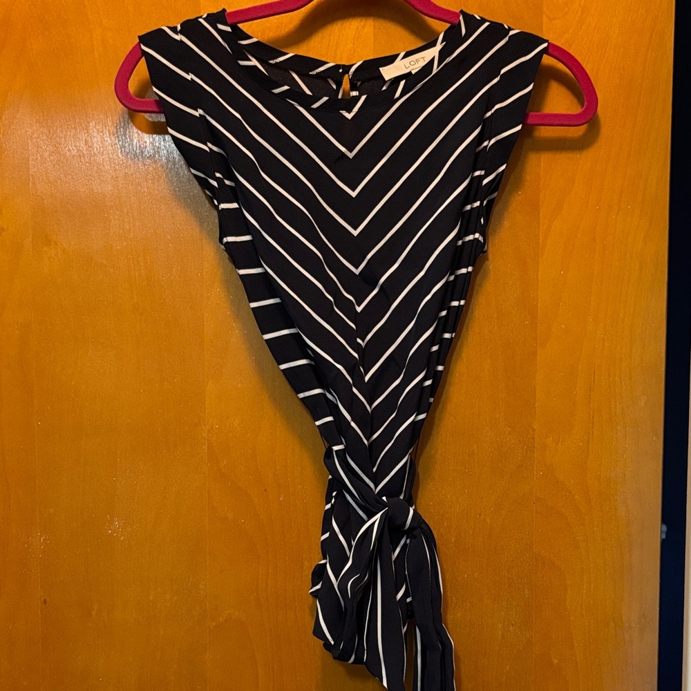 LOFT Navy and White Chevron Tie-Front Top